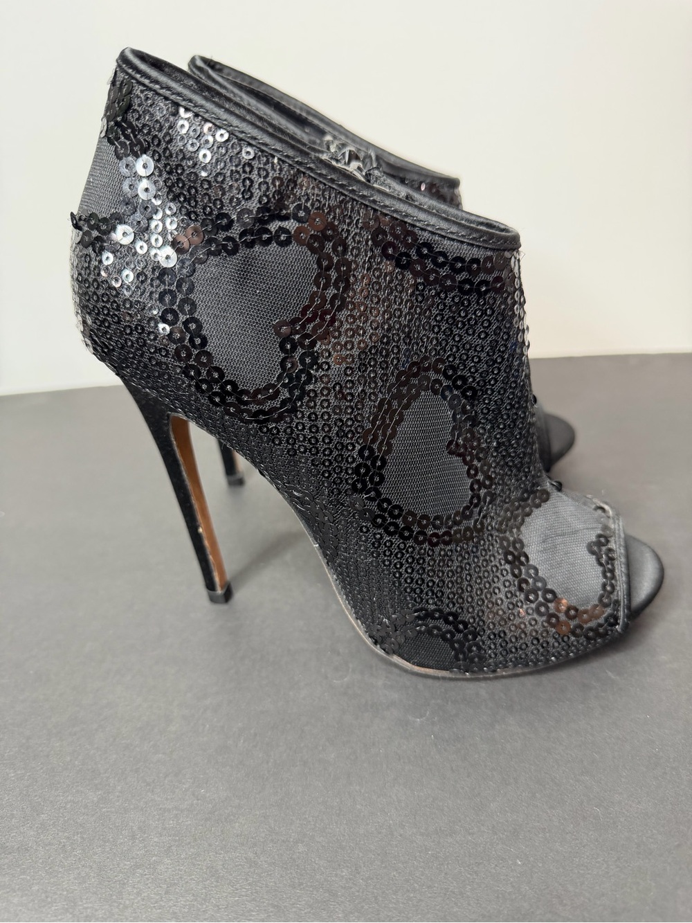Black Sequin Heart Peep-Toe Ankle Booties